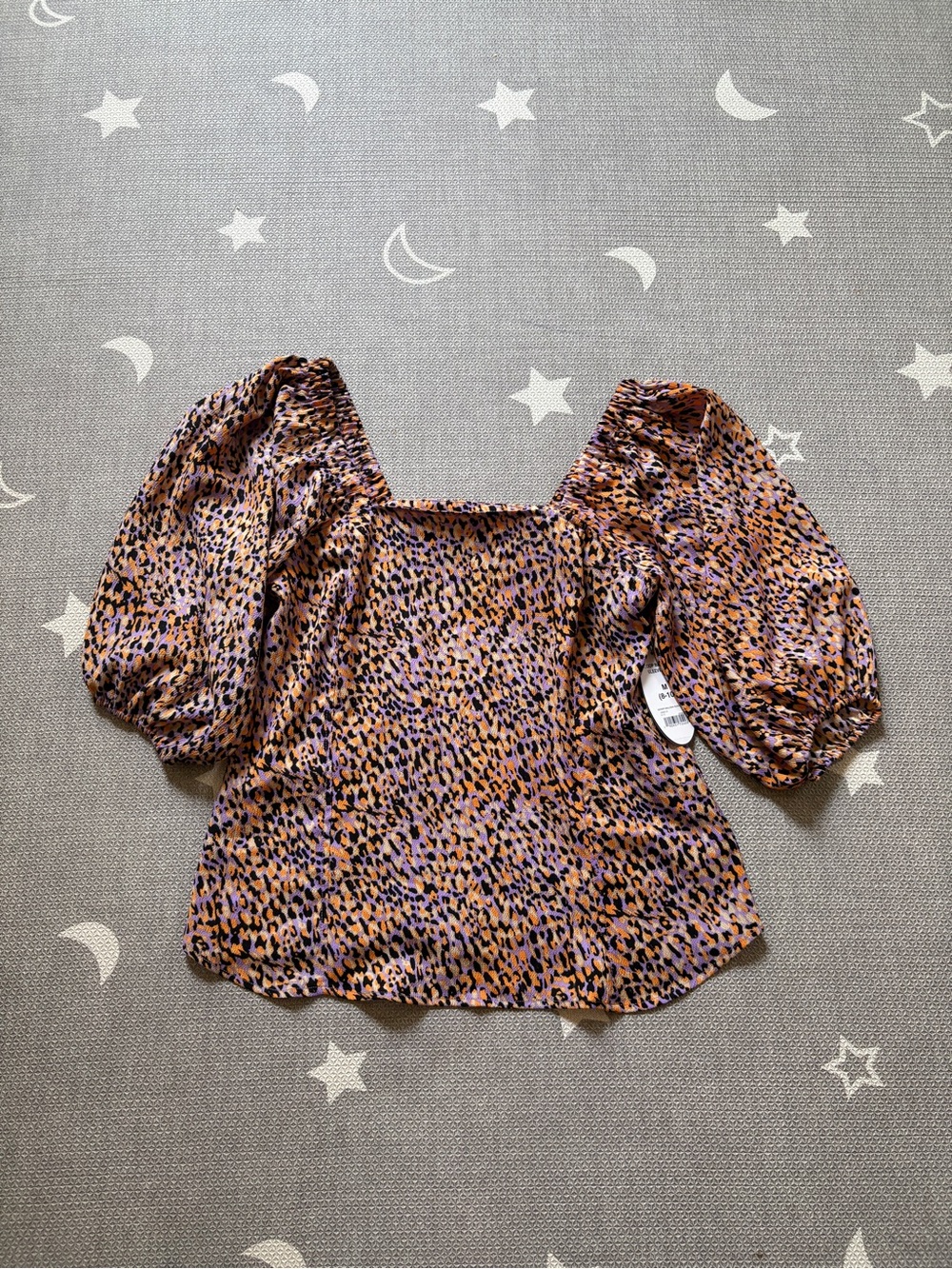 Puff-Sleeve Square Neck Blouse in Multi Leopard Print